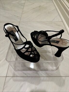 Stuart Weitzman Black Strappy Open-Toe Slingback Heels